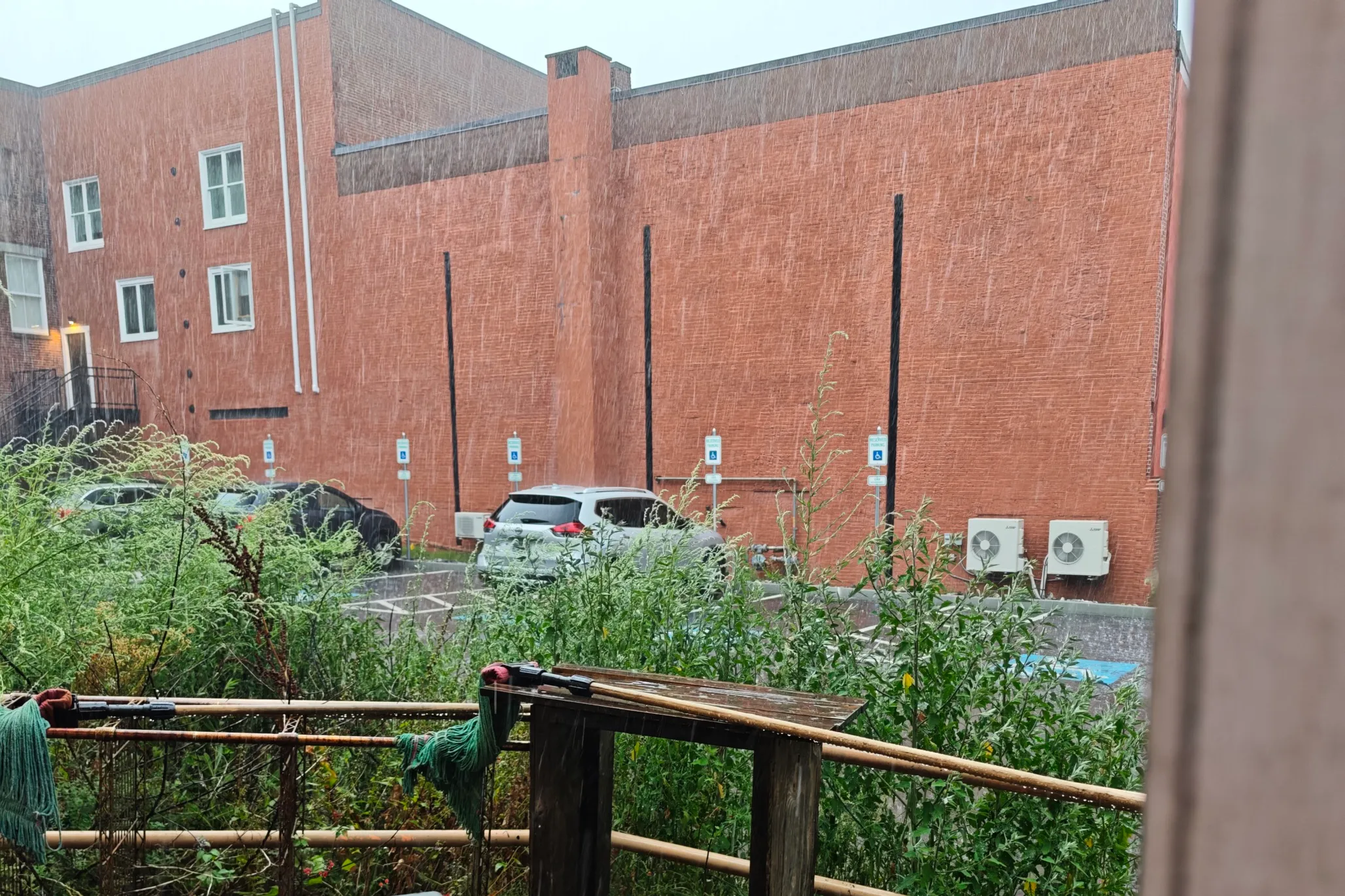the view out the back of the restaurant, during a full on rainstorm. the mops are getting a little cleaning.