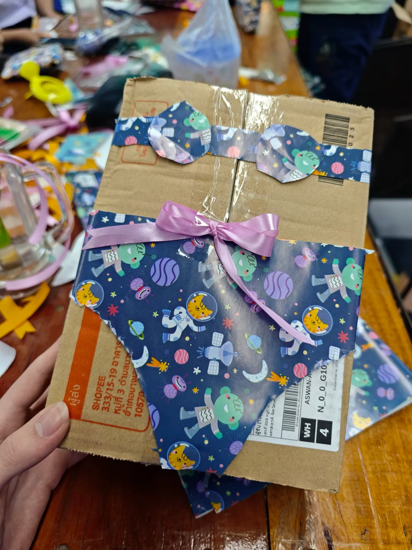 a gift I wrapped. look at the cute little glasses and smile!